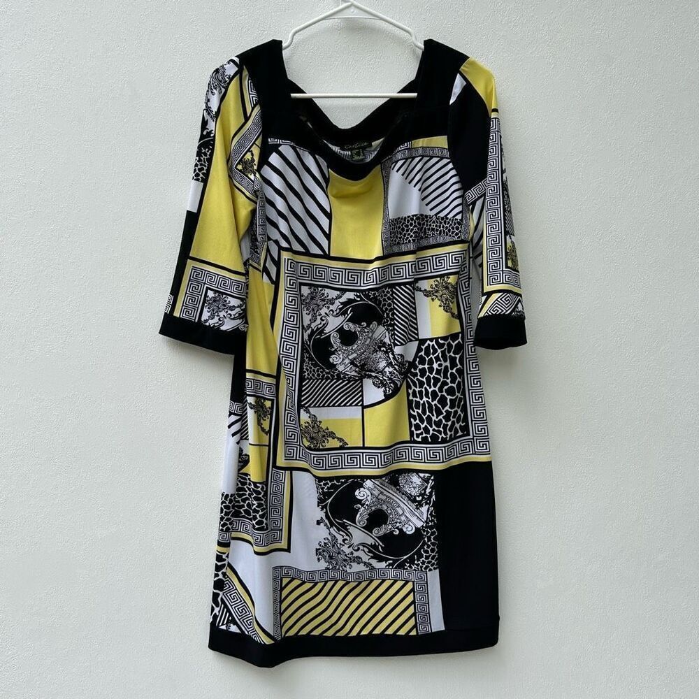 Cartise Geometric Patchwork Print Dress Black Yellow White Size 10 US